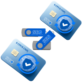 Diferentes formatos de Certificado Digital E-CPF e E-CNPJ: cartoes e tokens USB com logo SEO Certificado Digital
